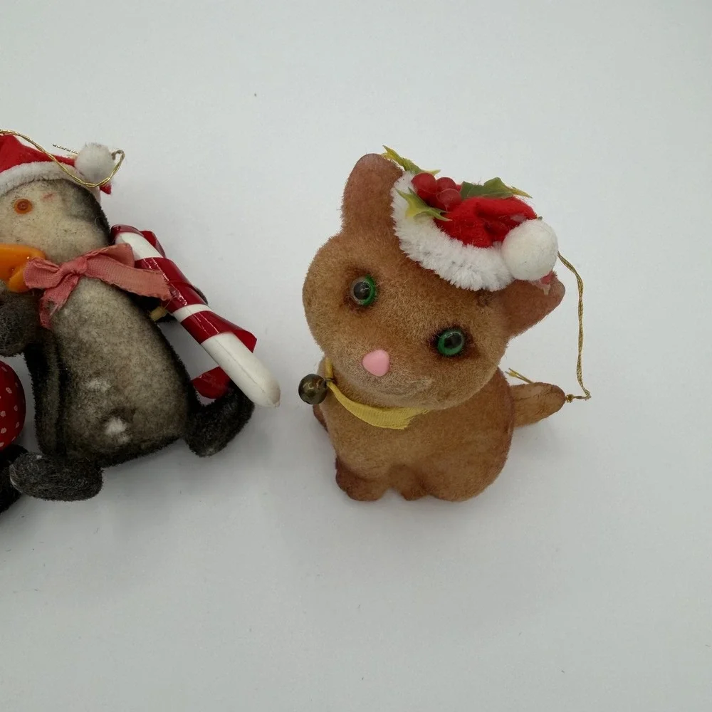 Vintage Flocked Christmas Ornament Set 4 Dog‎ Penguin Cat Holiday Decor